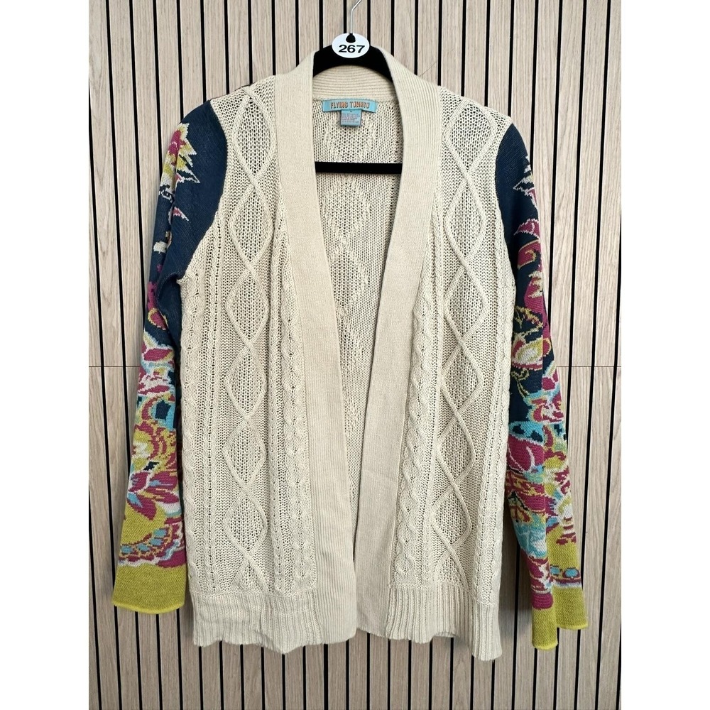 267 Flying Tomato Knit Cardigan with Colorful Floral Sleeves (Medum, Cream, EUC)
